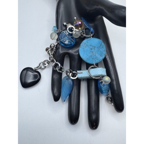 BLUE FOIL GLASS Beads Bracelet Whit Mix Materials And Silver Tone - Picture 5 of 9